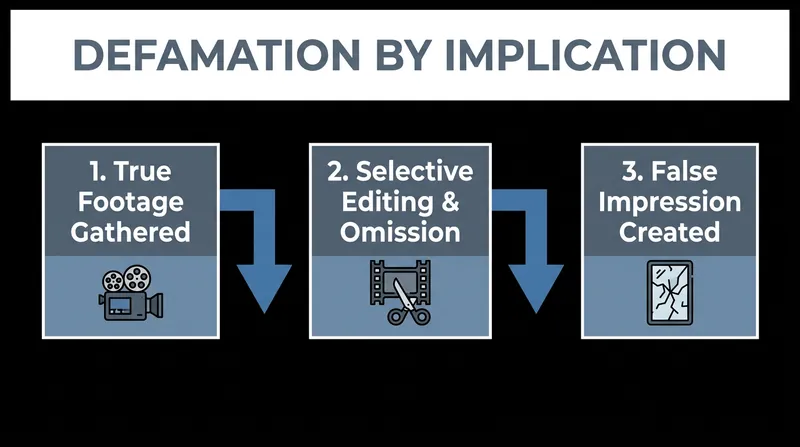 Defamation by implication occurs when true statements are arranged to create a false overall impression.
