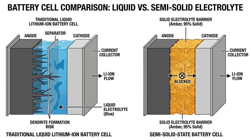 How semi-solid-state batteries replace flammable liquid electrolytes with a stable solid barrier to prevent short circuits.