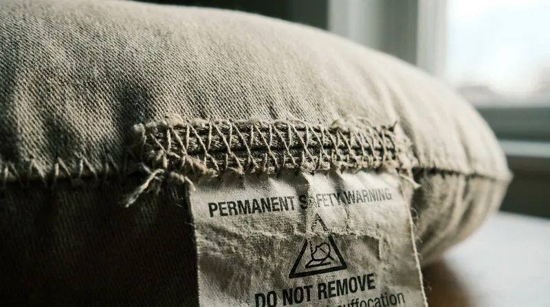 Under the new standard, warning labels must be permanently sewn around their entire perimeter to prevent removal.