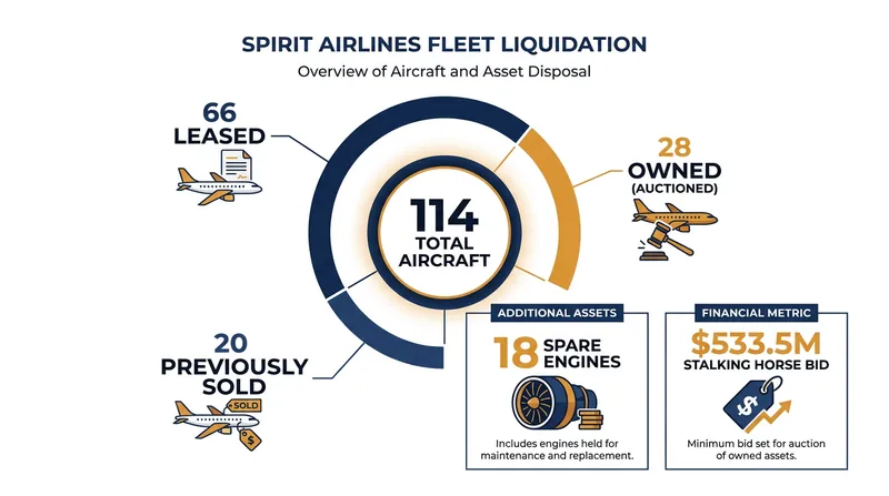 The breakdown of Spirit's 114-aircraft fleet as it enters the liquidation auction.