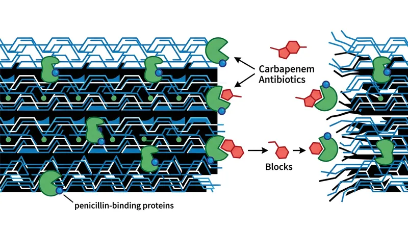 Carbapenems work by disrupting the pathogen's ability to build and maintain its protective outer layer.