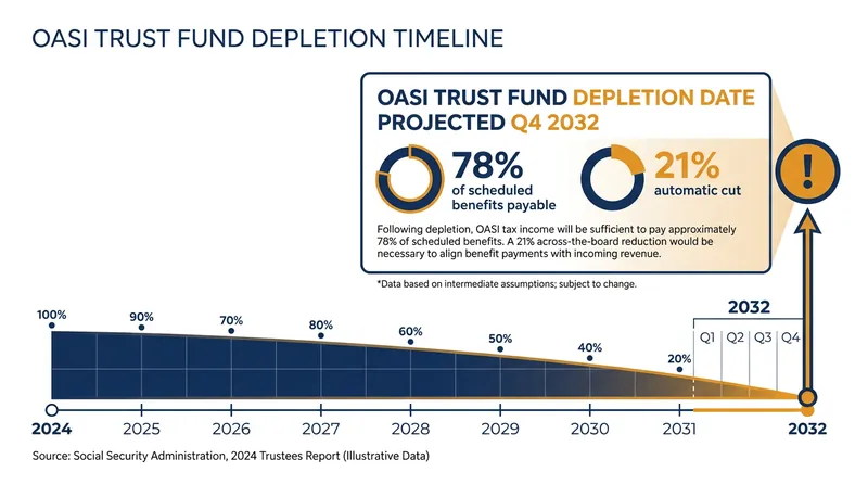 Depletion does not mean bankruptcy; ongoing taxes will still cover approximately 78% of scheduled benefits.