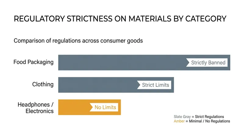 Headphones are currently regulated as general electronics, bypassing the strict chemical limits placed on clothing.