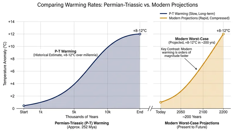 Modern climate projections mirror the temperature spikes of the Great Dying, but on a vastly accelerated timeline.