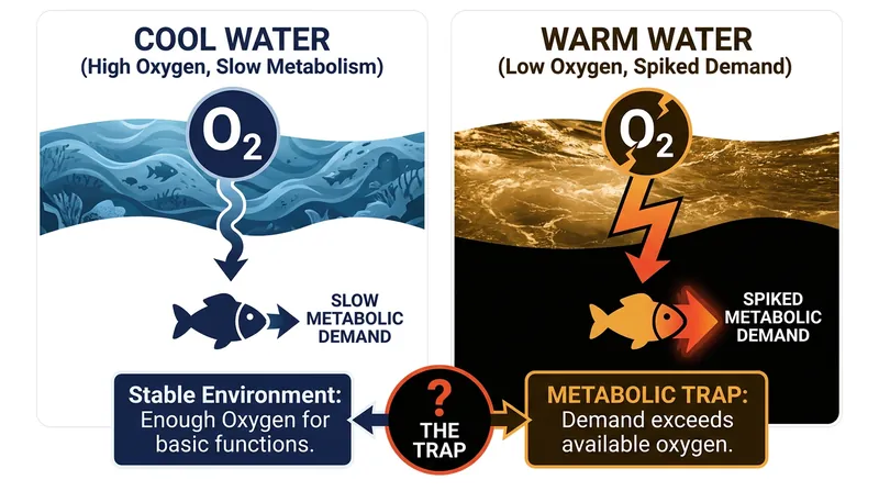 How warming oceans create a metabolic trap by simultaneously increasing an animal's oxygen demand and decreasing the water's oxygen supply.