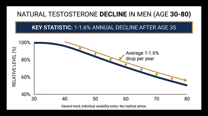 Testosterone levels naturally decline by roughly 1% to 1.6% each year starting in a man's mid-30s.