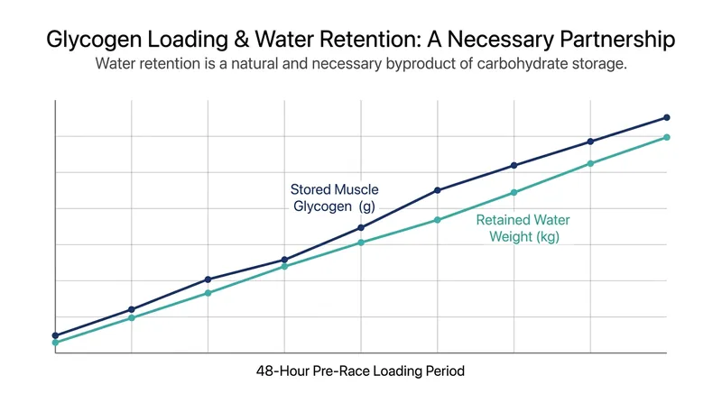 Every gram of stored glycogen binds to roughly three grams of water, leading to expected pre-race weight gain.