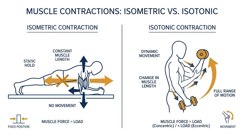Isometric contractions generate force without changing the muscle's length, while isotonic contractions involve movement.