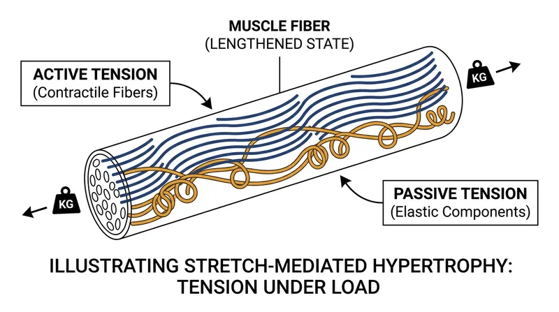 At long muscle lengths, passive elastic tissues share the load, triggering unique growth pathways.