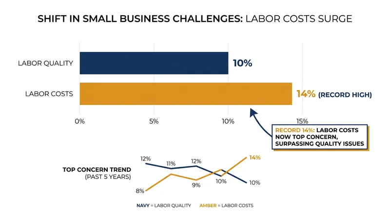 For the first time, the cost of labor has surpassed the availability of labor as the top concern for Main Street employers.