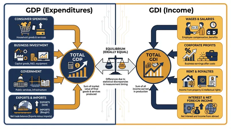 GDP measures the economy's receipts, while GDI measures its paychecks.