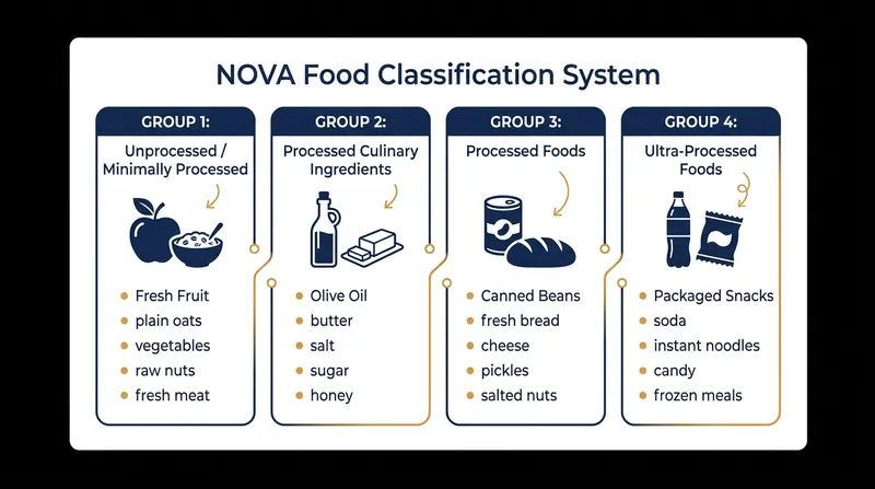 The NOVA classification system categorizes foods based on the extent and purpose of their industrial processing.