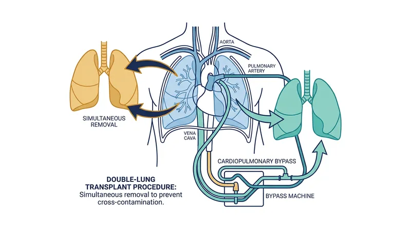 Removing both lungs simultaneously on cardiopulmonary bypass prevents cancer cells from seeding the new donor organs.