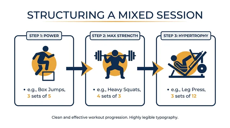 A standard mixed session begins with explosive movements, transitions to heavy compound lifts, and finishes with high-volume muscle building.
