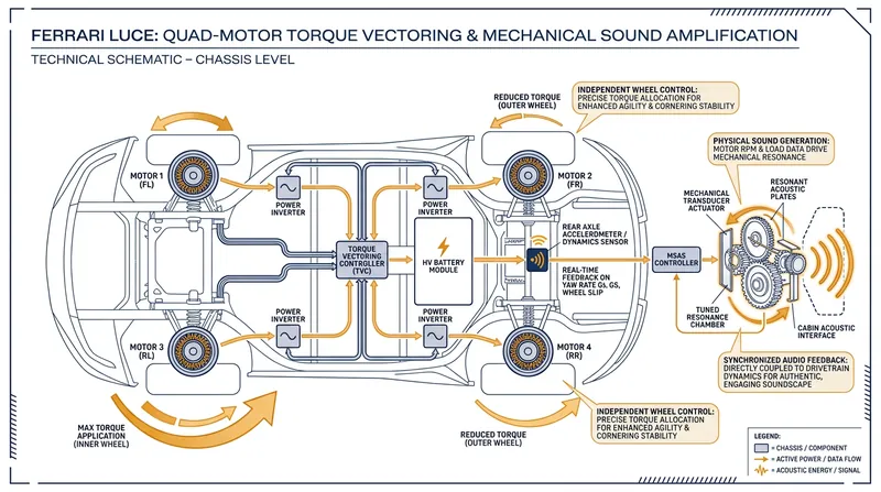 The Luce utilizes independent motors at each wheel for precise torque vectoring, while a rear accelerometer captures mechanical vibrations to produce authentic sound.