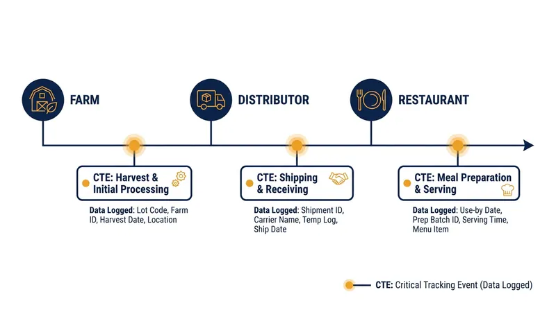 Critical Tracking Events (CTEs) ensure a 'digital twin' of the food's journey is recorded at every handoff.