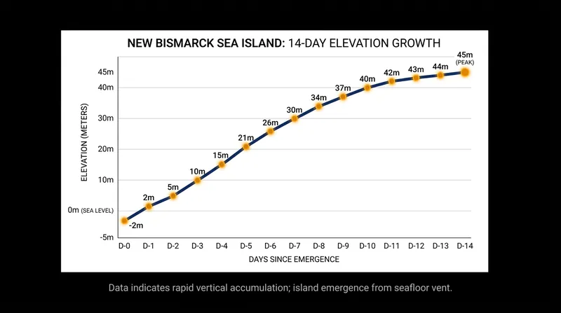 The island's peak elevation breached sea level and rapidly grew to 45 meters before stabilizing.