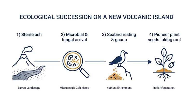 The anticipated timeline of biological colonization on the newly formed, sterile landmass.