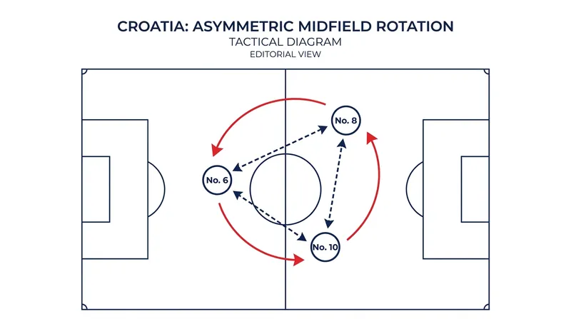 Croatia's midfield constantly rotates to form passing triangles, ensuring the ball carrier always has multiple safe outlets.