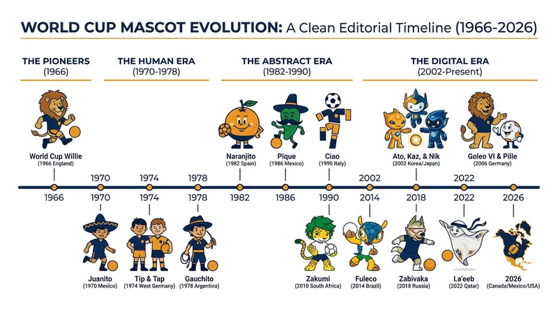 The design philosophy behind World Cup mascots has shifted dramatically over six decades.
