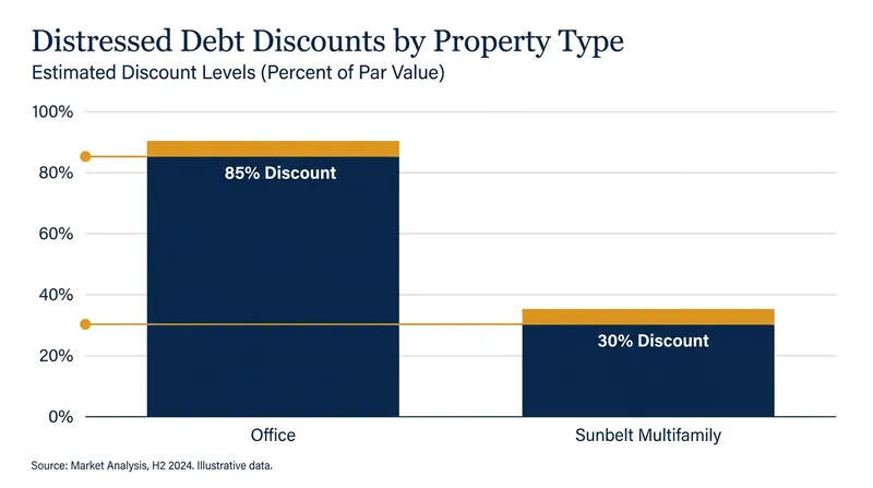 Discounts on distressed debt vary significantly, with older office properties seeing the steepest haircuts.