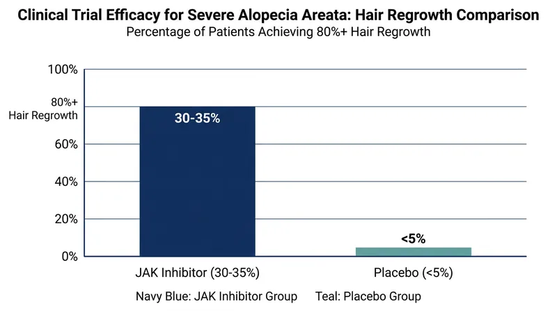 Clinical trials show roughly one-third of patients achieve significant hair regrowth on JAK inhibitors.