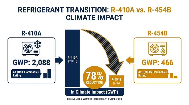 The new A2L refrigerants offer a massive reduction in Global Warming Potential (GWP) compared to legacy chemicals.