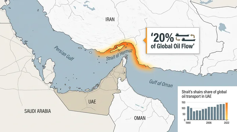 Roughly one-fifth of global oil consumption passes through the Strait of Hormuz, making it highly sensitive to geopolitical conflict.