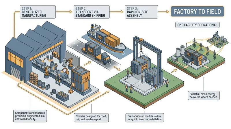 Small modular reactors aim to reduce costs by shifting construction from bespoke on-site engineering to standardized factory manufacturing.
