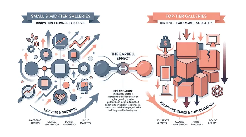 The shifting market has created a barbell effect, favoring mid-tier galleries over top-tier prestige dealers.