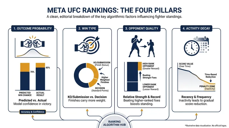 The Meta algorithm evaluates fighters based on strict performance metrics rather than subjective opinion.