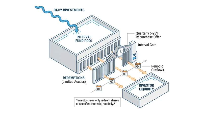 Interval funds manage illiquid assets by restricting outgoing cash flows to specific, scheduled windows.