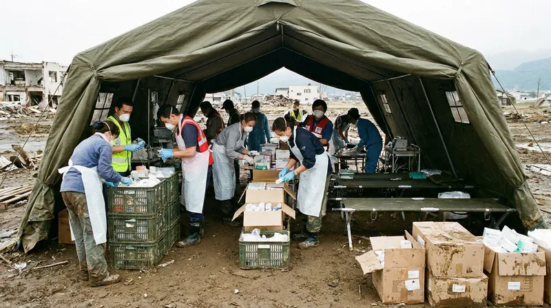 Medical personnel organize critical supplies at a temporary triage center to manage crush injuries and trauma.