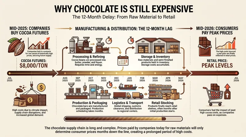 Because manufacturers buy cocoa months in advance, retail prices lag far behind the commodity market.