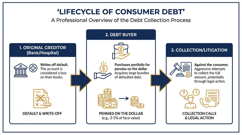 How defaulted consumer debt moves from original creditors to third-party buyers.