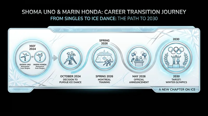 The timeline of Uno and Honda's pivot from retired singles skaters to an Olympic-bound ice dance team.