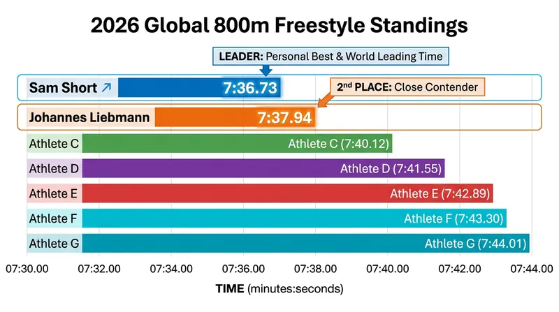 Sam Short's textile world record leads a crowded field of sub-7:42 performers in the 800m freestyle.