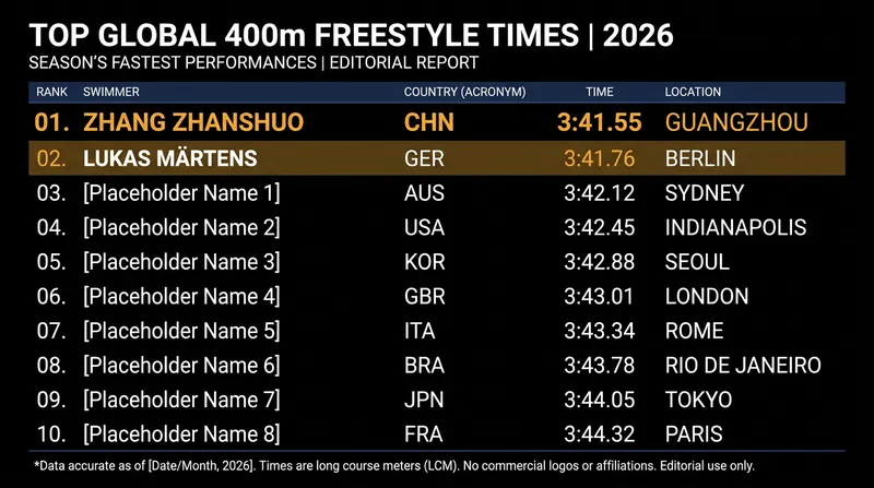 Zhang Zhanshuo and Lukas Märtens are currently the only two swimmers under the 3:42 mark in 2026.