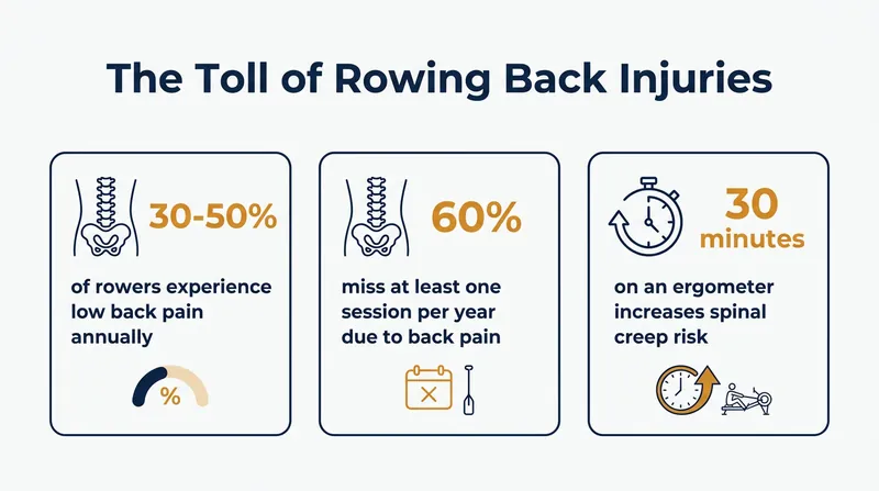 Lower back pain remains the most prevalent injury in competitive rowing, heavily linked to prolonged indoor ergometer use.