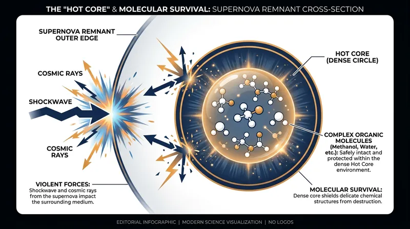 How dense molecular gas and amplified magnetic fields shield fragile organic molecules from supernova radiation.