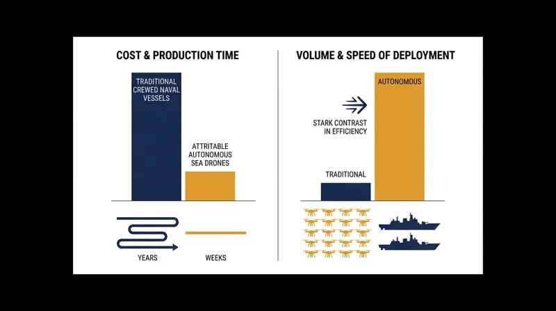 The shift toward attritable autonomous systems allows the military to scale its naval presence rapidly and cost-effectively.