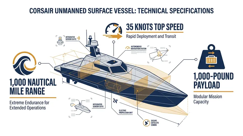 The Corsair autonomous surface vessel is designed for long-range endurance and heavy payload capacity.