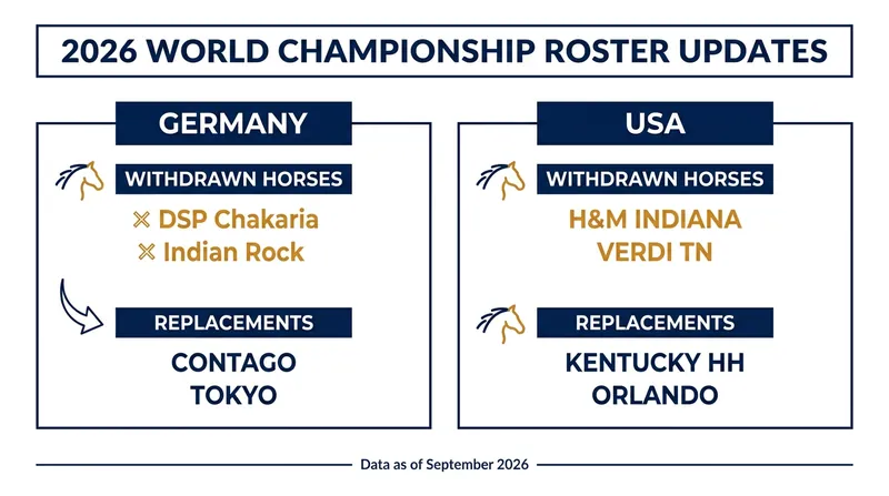 Recent roster adjustments for the 2026 FEI World Championships in Aachen.