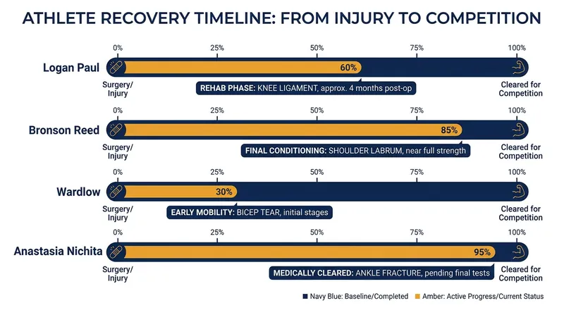 Estimated recovery timelines and current medical status for key returning wrestlers.