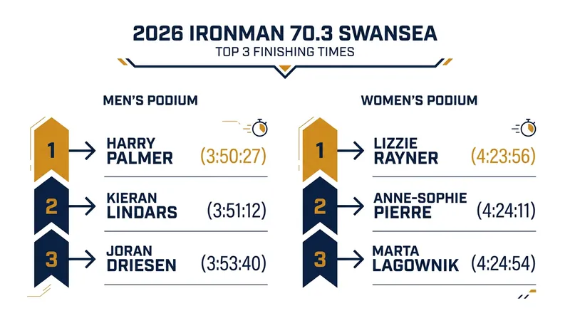 Official podium times for the 2026 Ironman 70.3 Swansea.