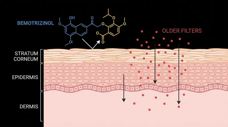 Bemotrizinol's large molecular weight prevents it from being absorbed into the bloodstream.