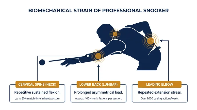 The unnatural stance required in snooker places immense repetitive strain on the neck, back, and elbows.