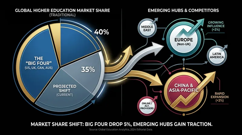 The combined market share of the US, UK, Australia, and Canada is projected to drop to 35% by the end of the decade.