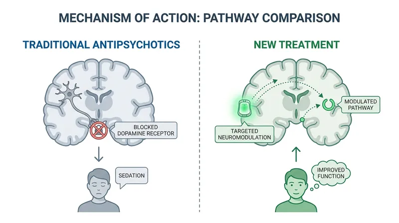 Unlike older drugs that act as chemical restraints by blocking dopamine, the new treatment selectively calms hyperactive neural circuits.