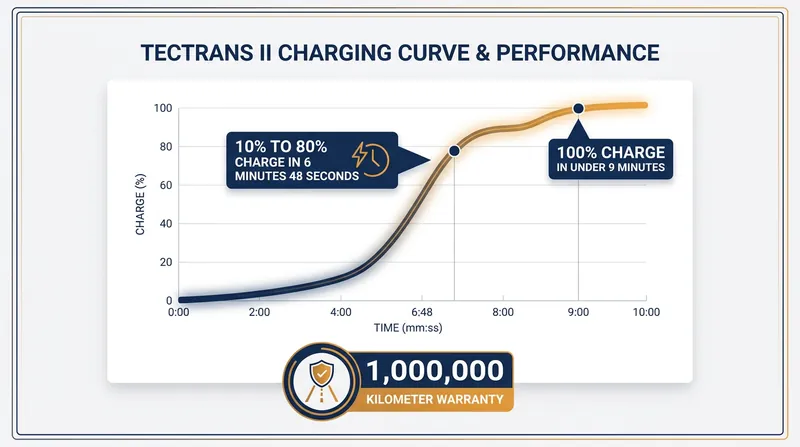 The Tectrans II achieves an 8C peak charging rate, drastically reducing commercial fleet downtime.
